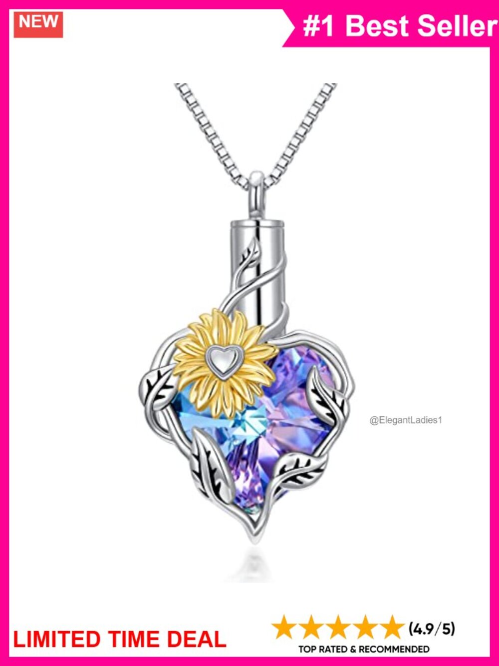 S925 Sterling Silver Sunflower Urn Necklace Heart Crystal Cremation Jewelry